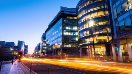 Urban cityscape at twilight showcasing modern glass building and light trails from traffic