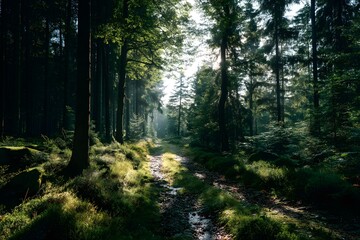 Fototapeta premium Serene Pathway Through a Lush Forest with Sunlight Filtering Through Trees in Tranquil Nature Setting