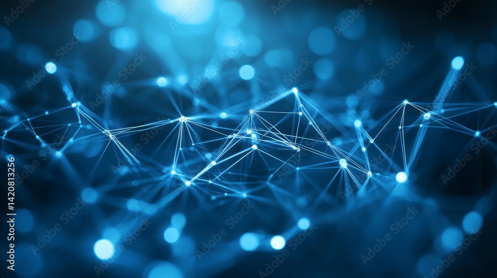 Poster abstract blue network connection, digital data flow, plexus background.