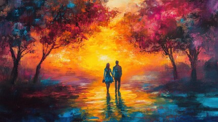 Fototapeta premium Romantic Sunset Walk Between Couple Surrounded by Colorful Trees and Reflections in a Peaceful Landscape