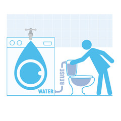 Illustration showing washing machine drain grey water reuse for flushing toilette. Domestic water recycling system promotes sustainability and water conservation.
