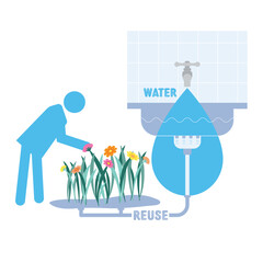 Illustration of grey water reuse from sink to garden irrigation. Domestic water recycling system promotes sustainability and water conservation.