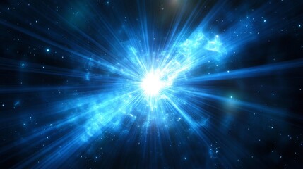 Naklejka premium Brilliant azure light burst with symmetric ray pattern, intense white core, luminous starburst effect, deep space backdrop, atmospheric light dispersion, high-contrast photographic style, abstract