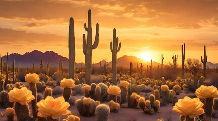 Golden sunset illuminating blooming cacti in the Arizona.generative.ai