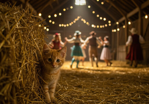Cat sitting in hay bale under sunny sky, surrounded by rural landscape and farm animals.