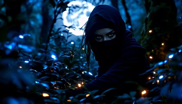 Mysterious Ninja Woman in the Moonlight Forest