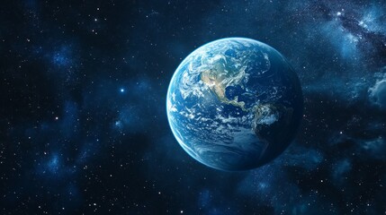 Obraz premium Celestial portrait of Earth suspended in space, radiant blue atmospheric ring, precise geographic details of continents and coastlines, cloud systems over oceans, cosmic darkness with distant stars,