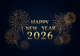 A dark blue background with golden fireworks and the text "Happy New Year 2026" written in gold