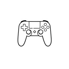 A geometric, black silhouette gaming controller logo on a white background. Clean lines, balanced composition, and symmetrical design. Solid flat design style, emphasizing visual clarity