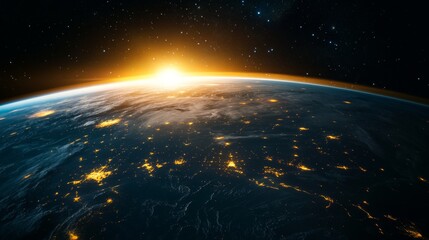 Earth half-shadowed during sunset from space station view, dramatic contrast between day and night sides, city lights glowing through cloud cover, auroral displays visible at poles, star field and