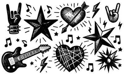 Rock and Roll Tattoo Design Doodles, a collection of rock and roll-inspired tattoo designs, including stars, hearts, guitars, musical notes, lightning bolts, and expressive hand gestures