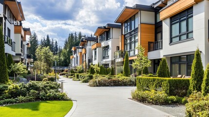 Obraz premium Row of modern townhouses showcasing upscale design and manicured landscaping