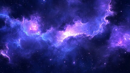 Horizontal cosmic banner with swirling purple-blue nebula clouds, scattered luminous stardust particles, brilliantly glowing stars, deep space atmosphere, realistic astronomical details, flowing