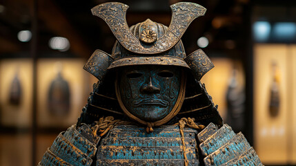 Traditional Japanese Samurai Armor Displayed in Museum with Detailed Ornamentation and History