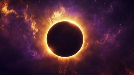 Fototapeta premium Majestic eclipse silhouette against cosmic void, brilliant golden light ring, deep purple nebula background, subtle starlight accents, refined astronomical illustration, premium digital art