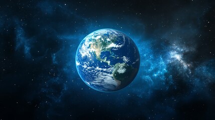 Majestic planet Earth centered in deep space, glowing blue atmosphere, detailed continental landmasses showing North America, rich green vegetation, swirling white cloud patterns, deep blue oceans,