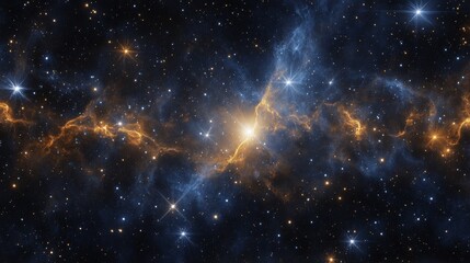 Naklejka premium Majestic solar corona radiating against the backdrop of deep space, wisps of stellar nebulae scattered across the horizon, countless stars twinkling in various sizes and intensities, massive solar