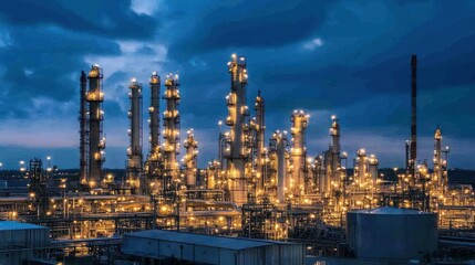 Fototapeta premium Industrial Illumination: A Nighttime Panorama of a Petrochemical Facility