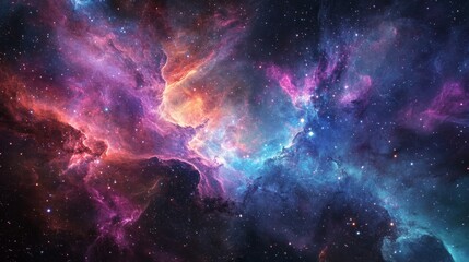 Fototapeta premium Majestic space panorama featuring iridescent nebula formations, sparkling star clusters, cosmic dust streams, vibrant galaxy colors blending magenta and cyan, ethereal cosmic mist, stellar phenomena,
