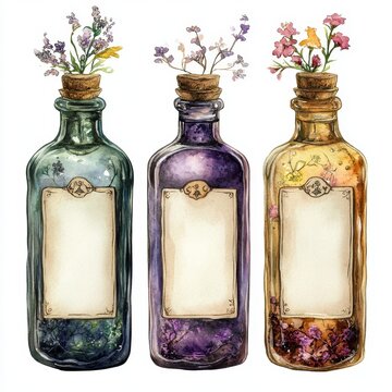 Watercolor bottles with herbs and blank labels