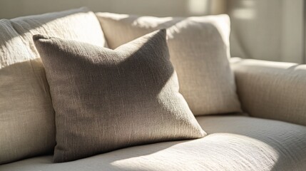 minimal modern sofa detail, natural beige linen upholstery, textured gray throw pillow, soft morning light, window shadow overlay, clean aesthetic, interior design photography, matte finish