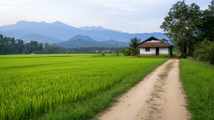 Scenic Landscape with Green Rice Fields and House Against Mountain Background at Dusk
