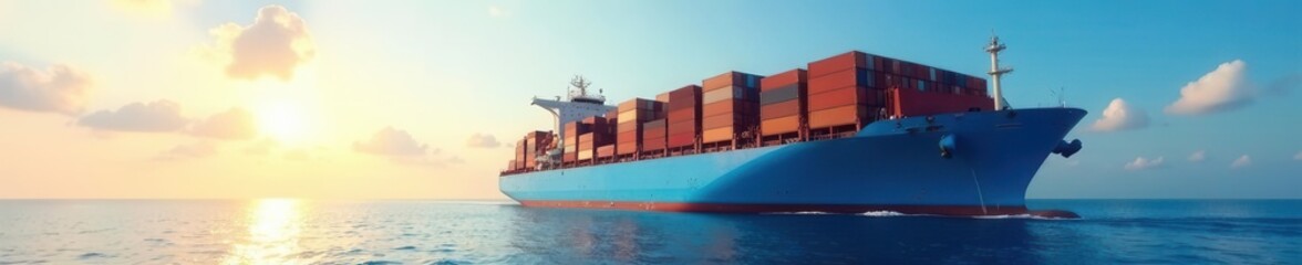 Giant blue container ship, vast ocean, sunny sky  Cargo operations underway ,  machinery,  freight