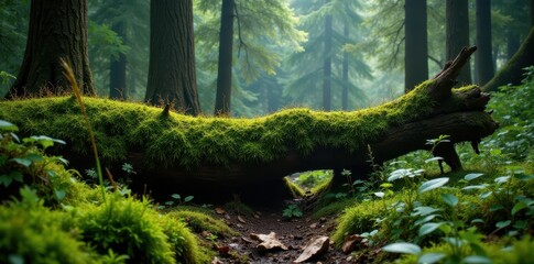 Giant fallen fir, vibrant moss growth, forest floor , wild, fir tree