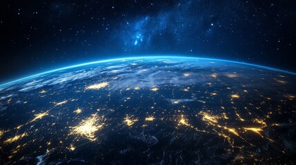 Obraz premium Planet Earth darkness view, sparkling urban developments, interconnected light trails of civilization, deep blue atmospheric rim, celestial starfield background, dramatic orbital perspective,
