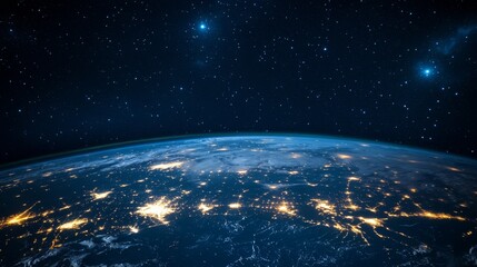 Obraz premium Planet Earth darkness view, sparkling urban developments, interconnected light trails of civilization, deep blue atmospheric rim, celestial starfield background, dramatic orbital perspective,
