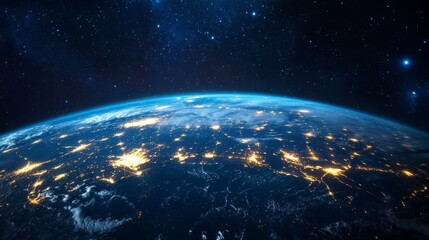 Obraz premium Planet Earth darkness view, sparkling urban developments, interconnected light trails of civilization, deep blue atmospheric rim, celestial starfield background, dramatic orbital perspective,