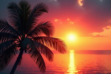 Obraz premium Giant palm frond silhouette against vibrant sunset sky, sun, stock photo, epic