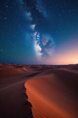 Giant sand dunes under a blanket of stars, oasis reflects starlight , astrophotography, landscape