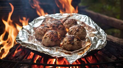Meatball and pita bread wrapped in aluminum foil, cooking on grill.generative.ai