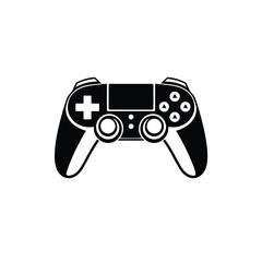Abstract gaming controller logo. Black silhouette in a geometric style on a white background. Symmetrical design, clean lines, solid flat style. Visual balance and clarity are key