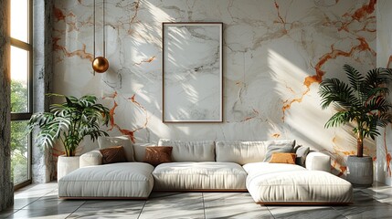 Mockup poster frame on the wall of living room. Luxurious apartment background with contemporary design. Modern interior design. 3D render, HD 8K wallpaper Photographic Image