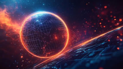 Low-poly stylized planet construction with hexagonal surface segments, pulsing energy grid patterns flowing across topology, orbital ring system made of floating holographic UI elements, particle