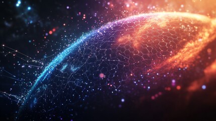 Low-poly stylized planet construction with hexagonal surface segments, pulsing energy grid patterns flowing across topology, orbital ring system made of floating holographic UI elements, particle