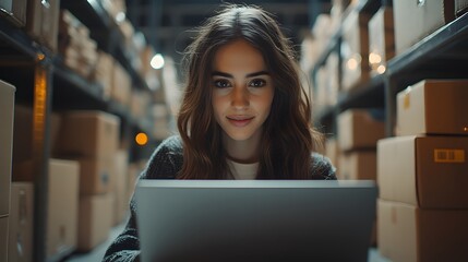 Fototapeta premium Modern ecommerce logistics with cheerful woman managing inventory and shipping via laptop—ideal for delivery, supply, and retail branding visuals 