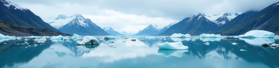 Glacier lagoon, icebergs floating, mountains reflect, aerial view, winter, tranquil