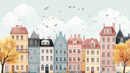 Fototapeta premium Colorful European Townhouses with Autumn Trees and Birds Flying in a Blue Sky, Ideal for Travel and Design Projects