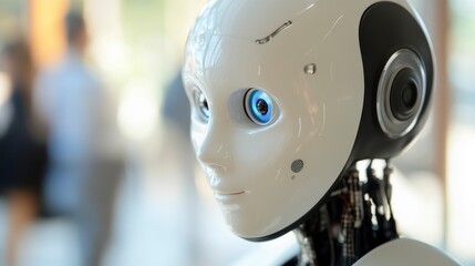 Close-up of a childlike robot's face, showcasing its detailed features and expressive blue eyes.