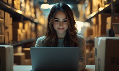 Logistics, happy and woman with laptop for online shop with stock management, goods procurement and supply chain. Ecommerce, small business owner or technology for delivery tracking and distribution,
