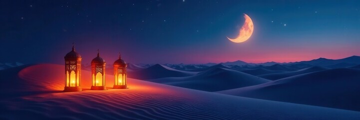 Glowing lanterns illuminate desert dunes under a crescent moon Ramadan Eid celebration , amber, nocturnal