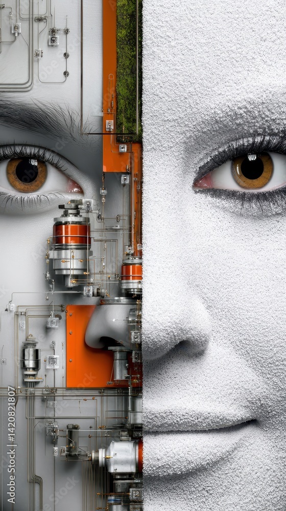 Poster digital art of human face merging with industrial elements displaying innovation and technology in m