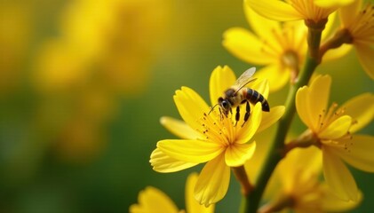 Golden acacia blossoms, busy honeybee collecting pollen , image, macro photography