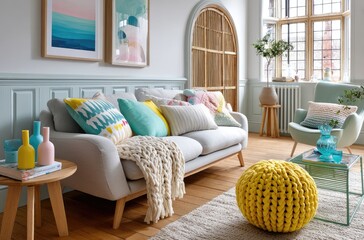 the living room, a small round table in front with colorful vases and candles on it, an armchair against wall, sofa covered by multicolored cushions