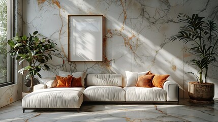 Mockup poster frame on the wall of living room. Luxurious apartment background with contemporary design. Modern interior design. 3D render, HD 8K mockup wallpaper Photographic Image