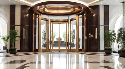 Modern revolving door in luxurious lobby with marble.generative.ai