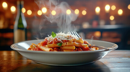Steaming Pasta Dish with Tomato Sauce and Fresh Herbs on Rustic Table